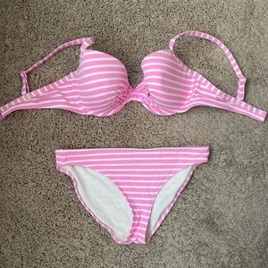 Aerie Womens Swim Bikini - Pink and White stripe - top: 36DD bottoms: Large